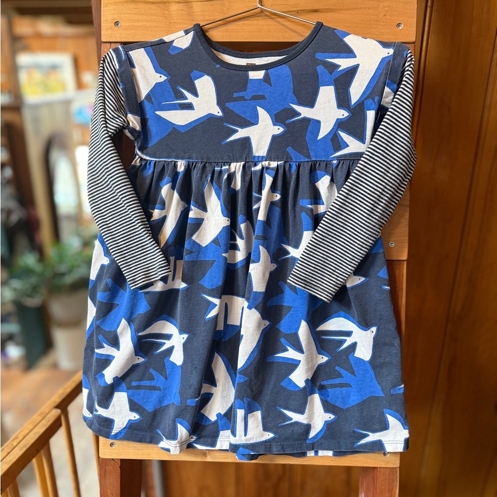 Tea Collection Sparrow Sea Bird Mixed Print Dress Blue Stripe - Size 7 Play Cond